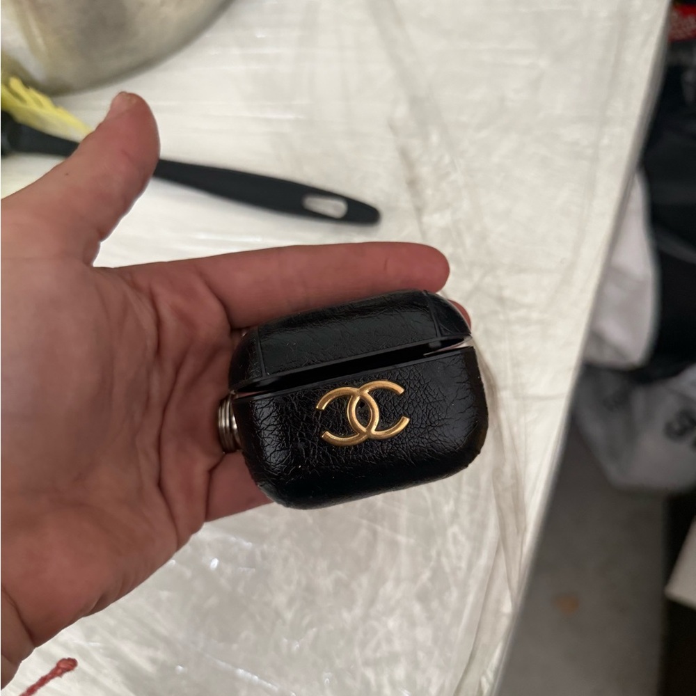 Black Leather AirPod Case with Gold Logo
